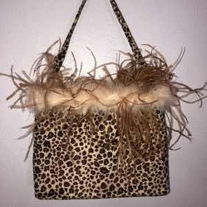 Cheetah Fur Print Handbag with Feathers Rim